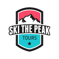 Logo in badge shape. Illustration depicts 3 snow covered mountains with Ski The Peak emphasized across the middle, on the next line the word "tours" with a single star underneath.