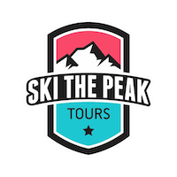 Logo in badge shape. Illustration depicts 3 snow covered mountains with Ski The Peak emphasized across the middle, on the next line the word "tours" with a single star underneath. 