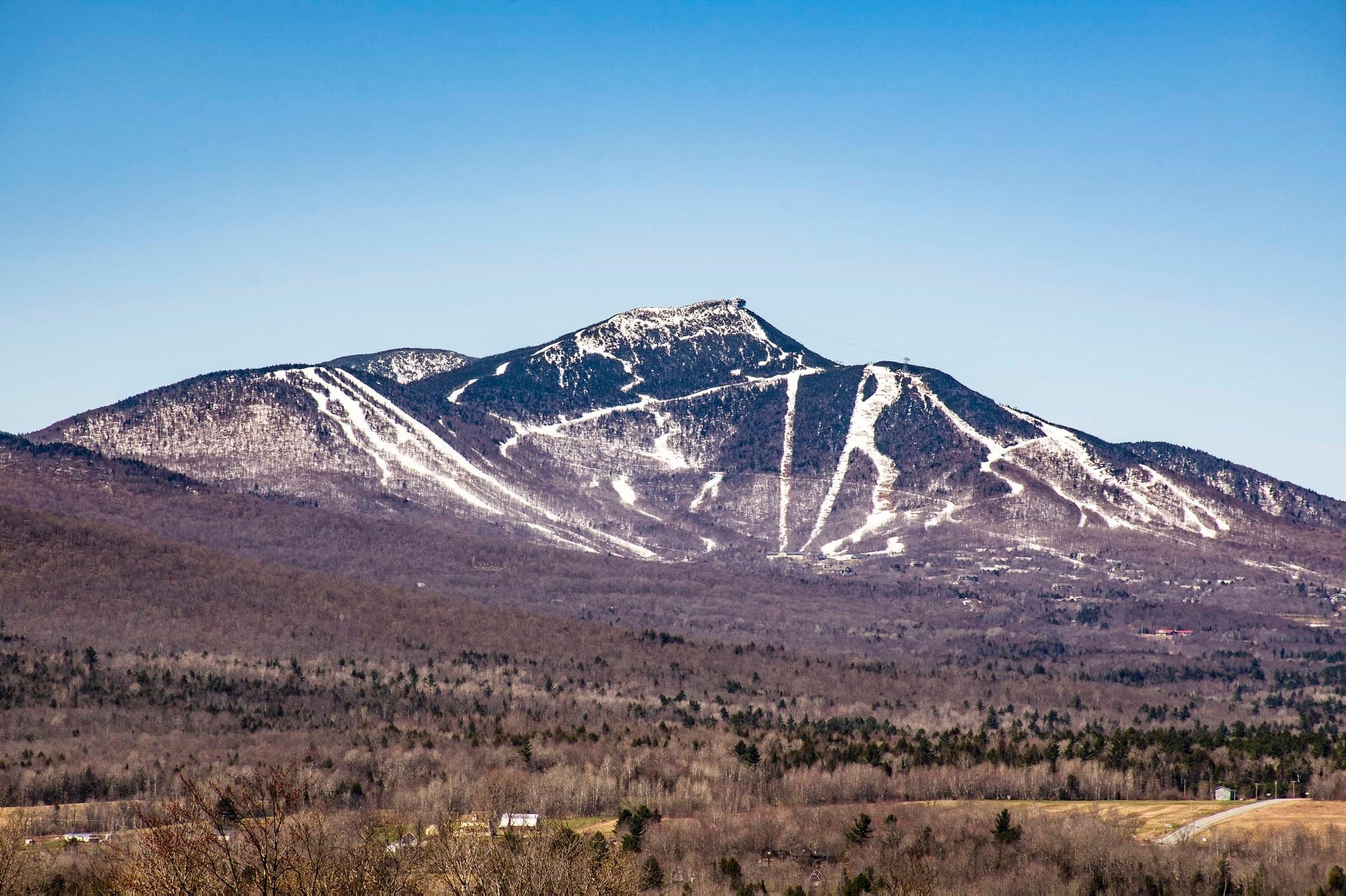 photo of jay peak mountain in early winter, surrounded by brown and green trees. The trails for skiing and snowboarding are covered in white snow and there's a clear blue sky.