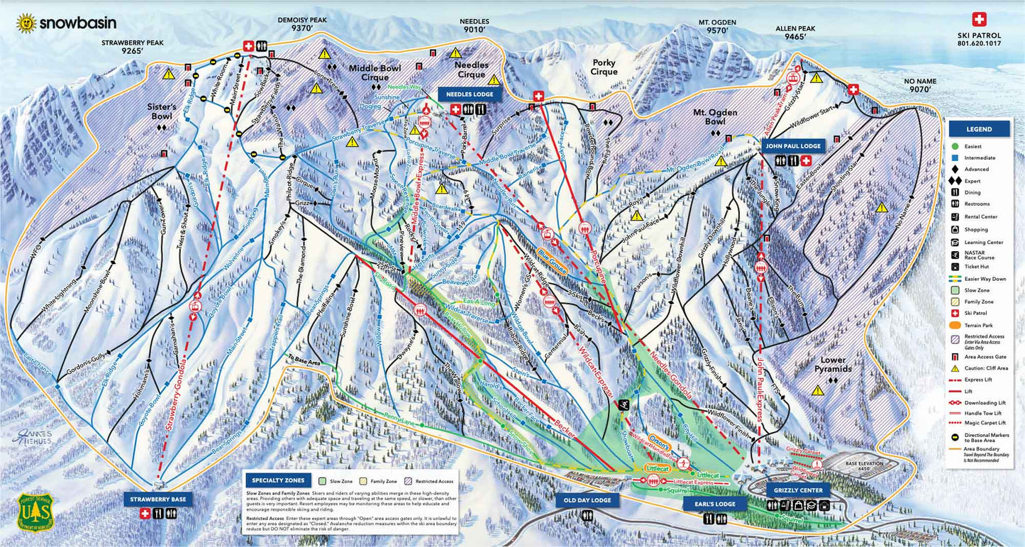 Map for ski and snowboarding at Snowbasin in Utah.
